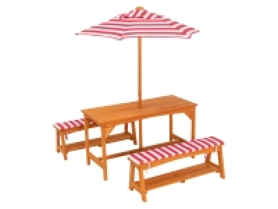 Lidl Livarno Home LIVARNO home Kinder Gartentischset, mit 2 Bänken, Auflagen u. Schirm