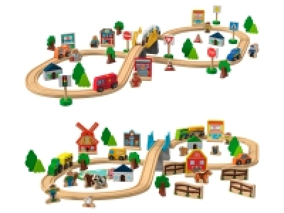 Lidl Playtive Playtive Holzeisenbahn-Set Stadt / Bauernhof, 57-teilig