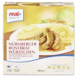 N&uuml;rnberger Rostbrat-W&uuml;rstchen mit Kartoffelp&uuml;ree und Sauerkraut