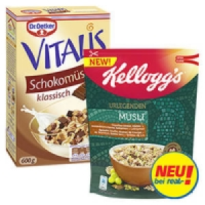 Dr. Oetker Vitalis Schoko- oder Kelloggs Urlegenden M&uuml;sli, Dinkel mit