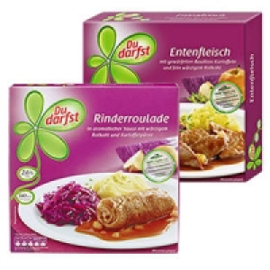 Du darfst Menues Rinderroulade oder Entenfleisch