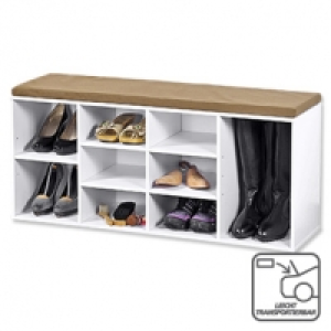 Schuhschrank mit Sitzkissen &middot; wei&szlig; lackiert &middot; braunes Sitzkissen &middot; Ma&szlig;