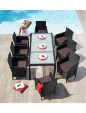 Gartenmöbelset Korfu, 17-tgl., 8 Sessel, Tisch 195x90 cm, Polyrattan,