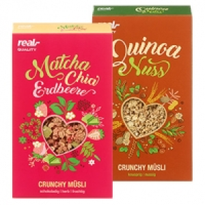 Real  Crunchy Müsli Quinoa-Nuss, Matcha-Chia-Erdbeere oder Quinoa-Orange-Pas