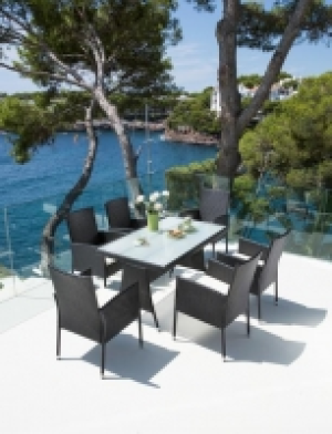 Gartenmöbelset Costa Rica, 6 Sessel, Tisch 140x80cm, Polyrattan, schwa