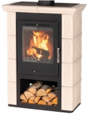 Kaminofen Augsburg, Kachel beige, 7 kW, handgefertigte Kacheln, Klassi