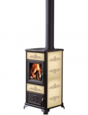 Kaminofen Norah Base, Keramik cremefarben, 7,2 kW, Feuerraum Gusseisen