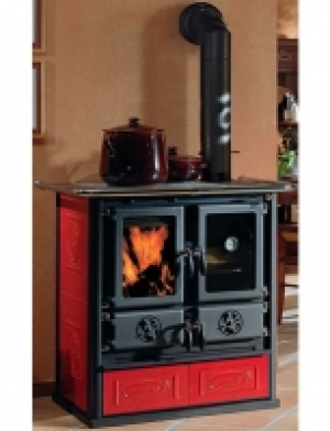Festbrennstoffherd Rosetta, Kachel rot, 7,2 kW, Herdplatte& Backofen