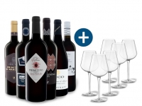 Lidl  6 x 0,75-l-Flasche Weinpaket Italienische Weine mit 6er Rotwein-Gläser