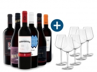 Lidl  6 x 0,75-l-Flasche Weinpaket Entdecker Rot mit 6er Rotwein-Gläserset v