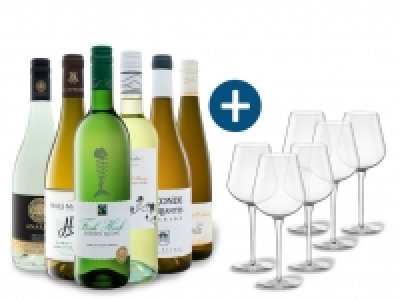 Lidl  6 x 0,75-l-Flasche Weinpaket Entdecker Weiß mit 6er Weißwein-Gläserset