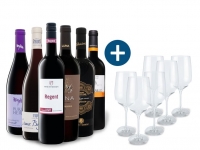 Lidl  6 x 0,75-l-Flasche Weinpaket Entdecker Rot mit 6er Rotwein-Gläserset E