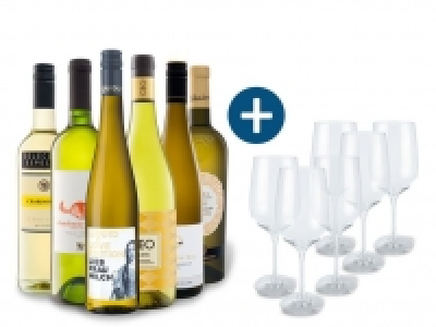 6 x 0,75-l-Flasche Weinpaket Weiße Vielfalt mit 6er Weißwein-Gläserset
