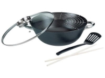 Lidl Gsw GSW Wok-Set, 5-teilig, Edelstahlgriffe, Aroma-Glasdeckel, aus Gusseise